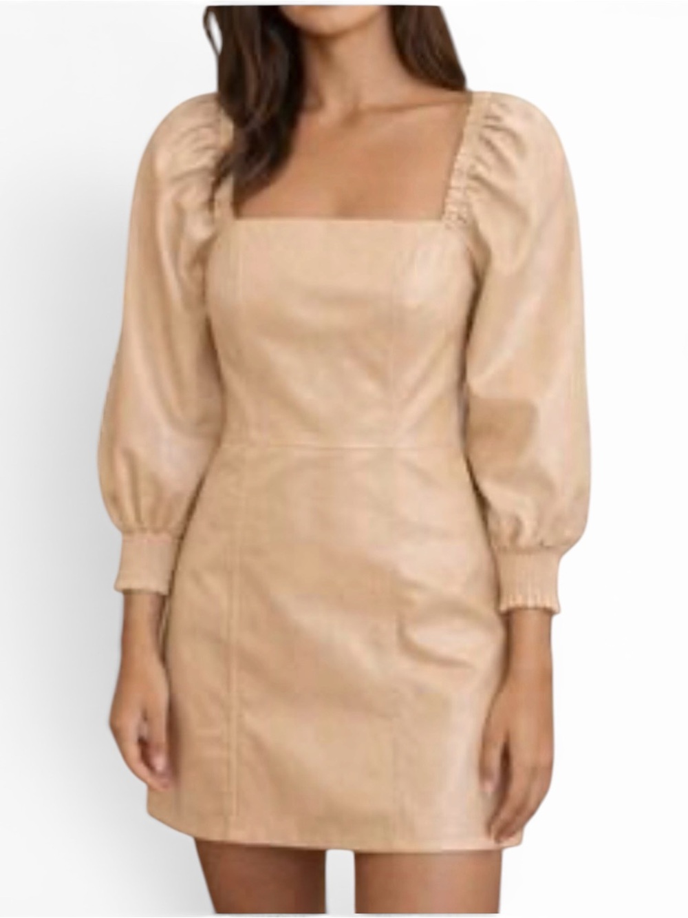 7 For All Mankind Tan Faux Leather Puff Sleeve Mini Dress Size Large - Picture 2 of 13